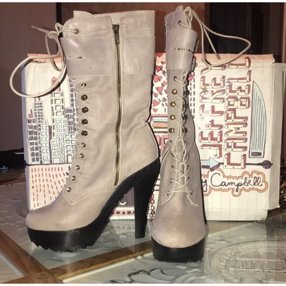 Jeffrey Campbell Gray Lace-Up Military Style Platform Zippered Combat Heel Boots - Picture 4 of 6